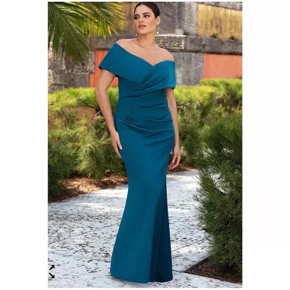 Betsy & Adam Womens Azure Off Shoulder Ruched Maxi Gown A25252W Teal 16W - Picture 4 of 6